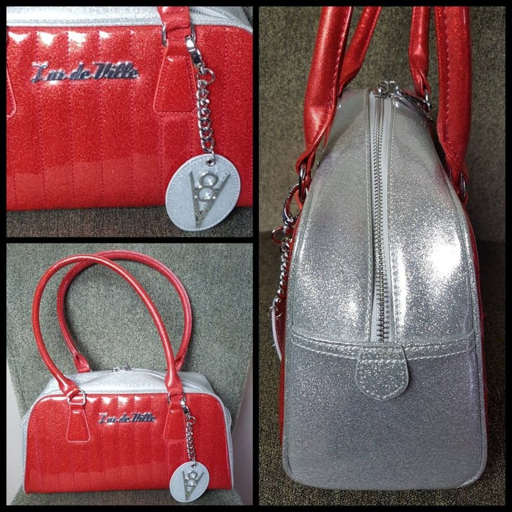 Vintage Repro Lux De Ville V8 Red & Silver Sparkle Handbag